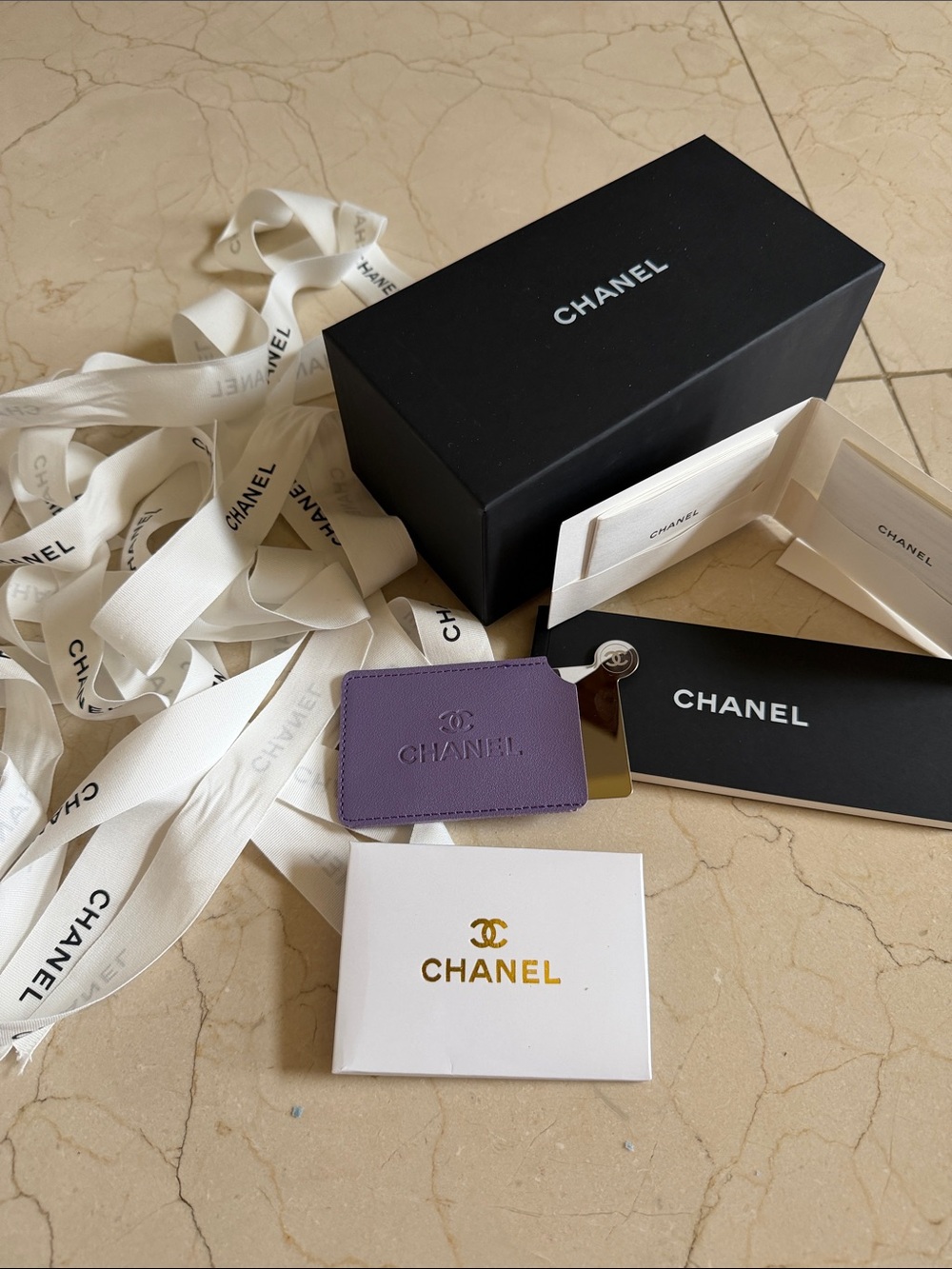 CHANEL compact mirror Lavender Leather card Sleeve with black box & white ribbon
